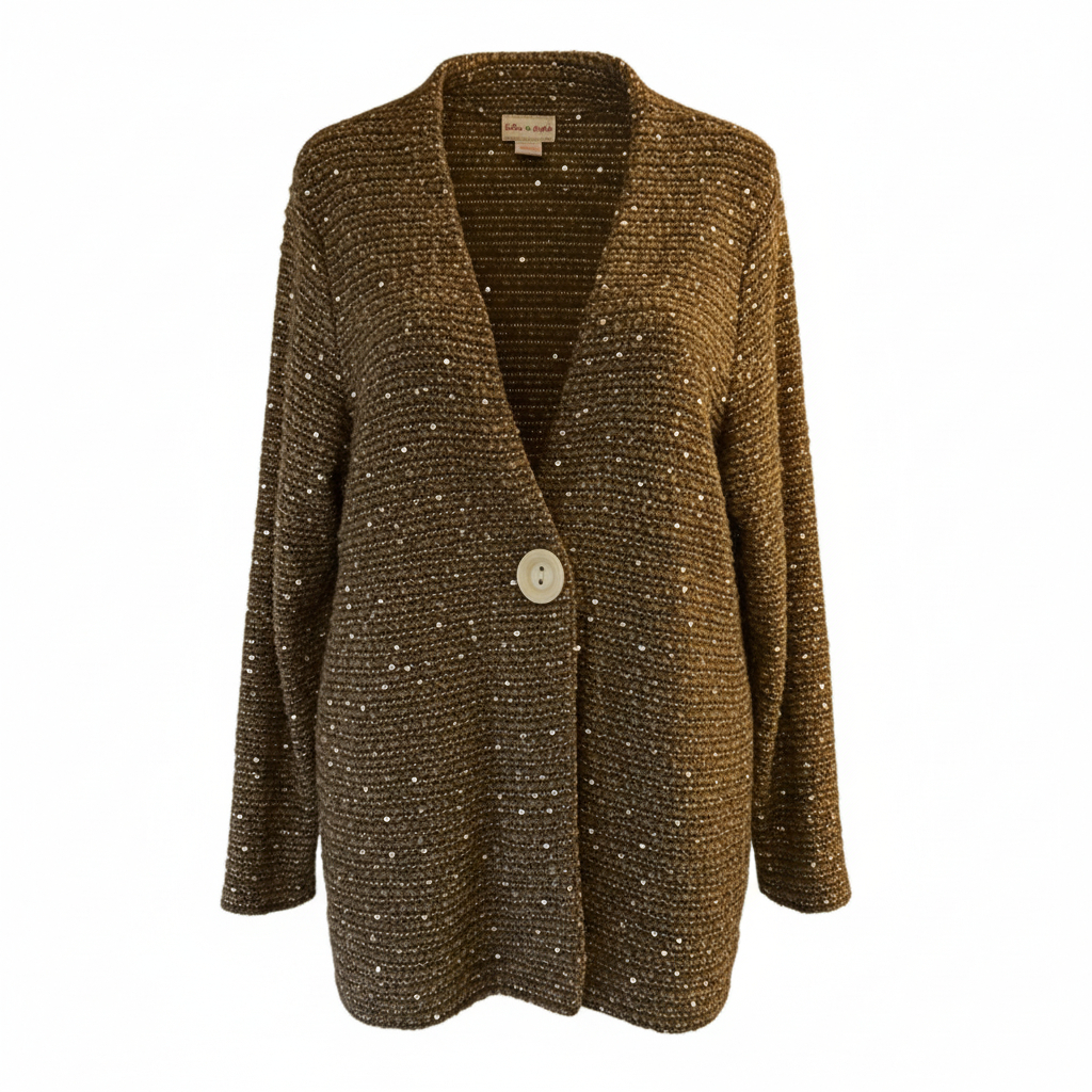 Women’s Sparkle Knit Cardigan Sweater by Toffee Apple Brown Cozy Boutique Layering Piece