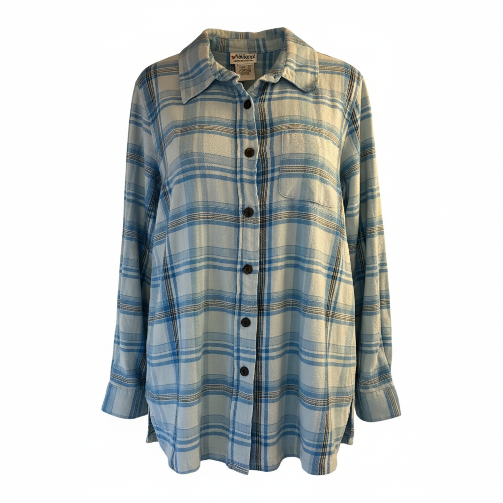Women’s Plaid Button Up Shirt by National Blue Cream Lightweight Casual Layering Top