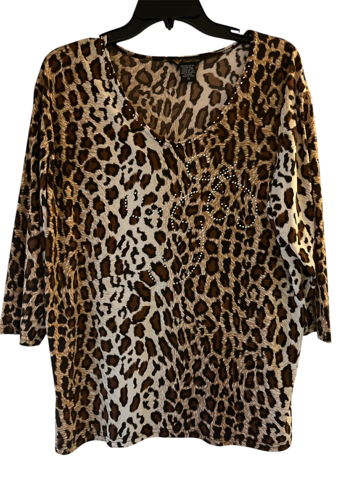Women’s Leopard Print Rhinestone Accent Top by Valentina Three Quarter Sleeve Dressy Casual Shirt