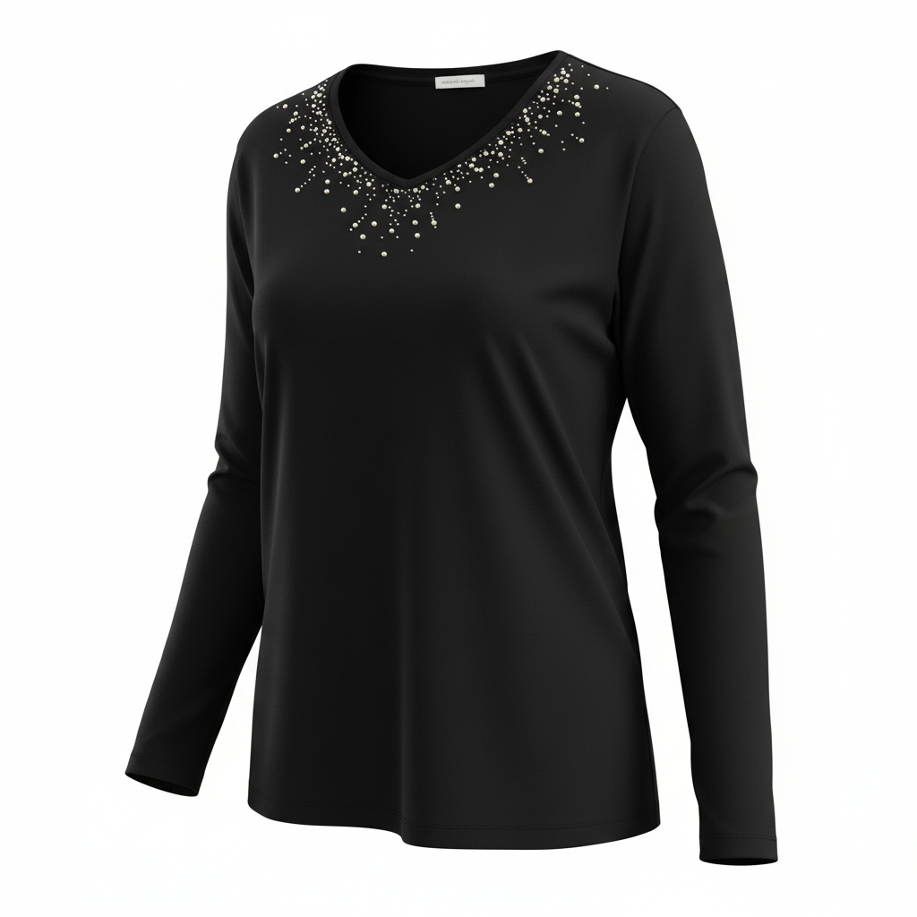 Women’s Embellished Neckline Long Sleeve Top by Decorated Originals Elegant Casual Style