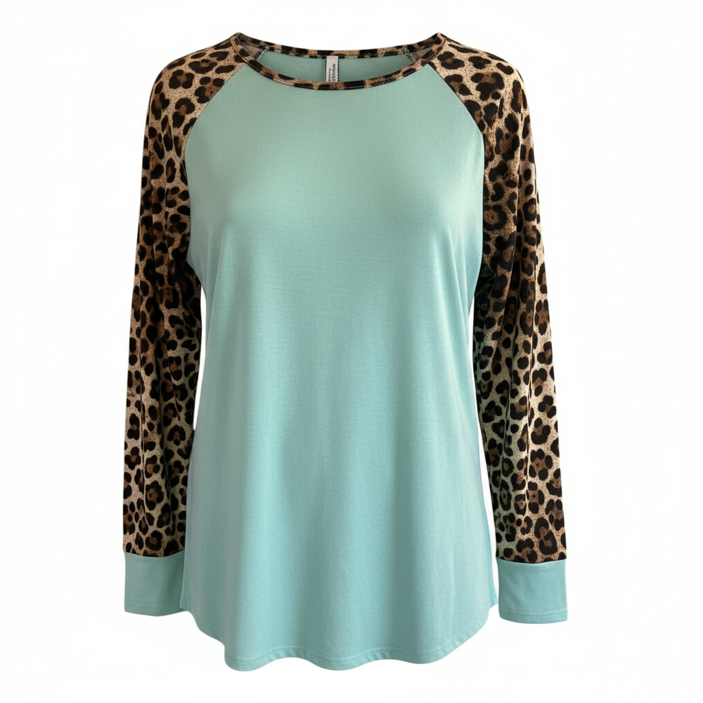 Women’s Leopard Accent Raglan Sleeve Top by Giddy Up Glamour Boutique Western Style