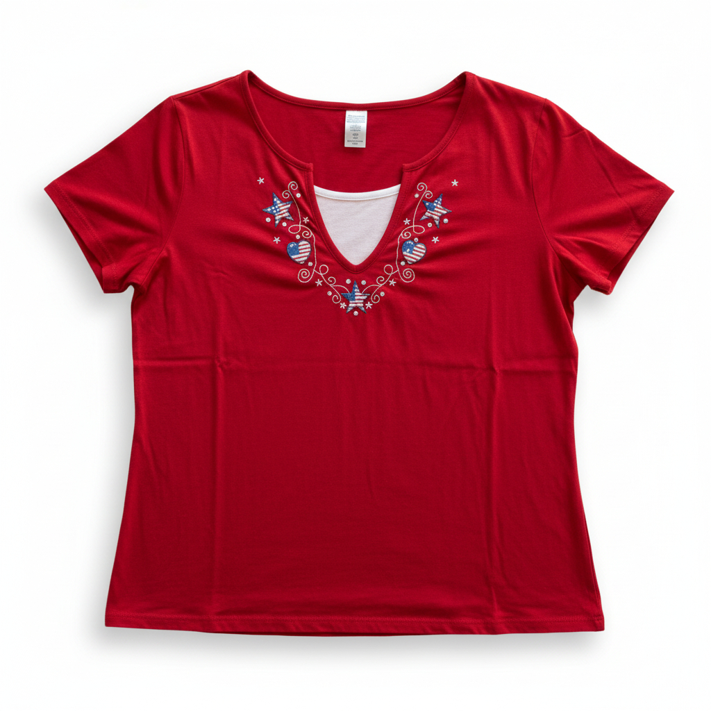 Women’s Patriotic Star Embroidered V Neck Tee Americana Casual Style