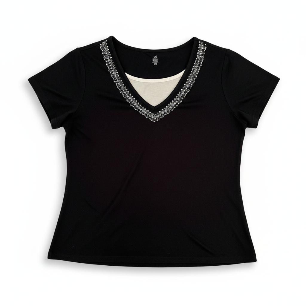 Women’s patriotic inspired tee featuring embroidered star and Americana themed neckline detail with a comfortable V neck silhouette. Fun everyday style perfect for holidays, rodeo events, travel, or pairing with denim and boots for a classic country look.