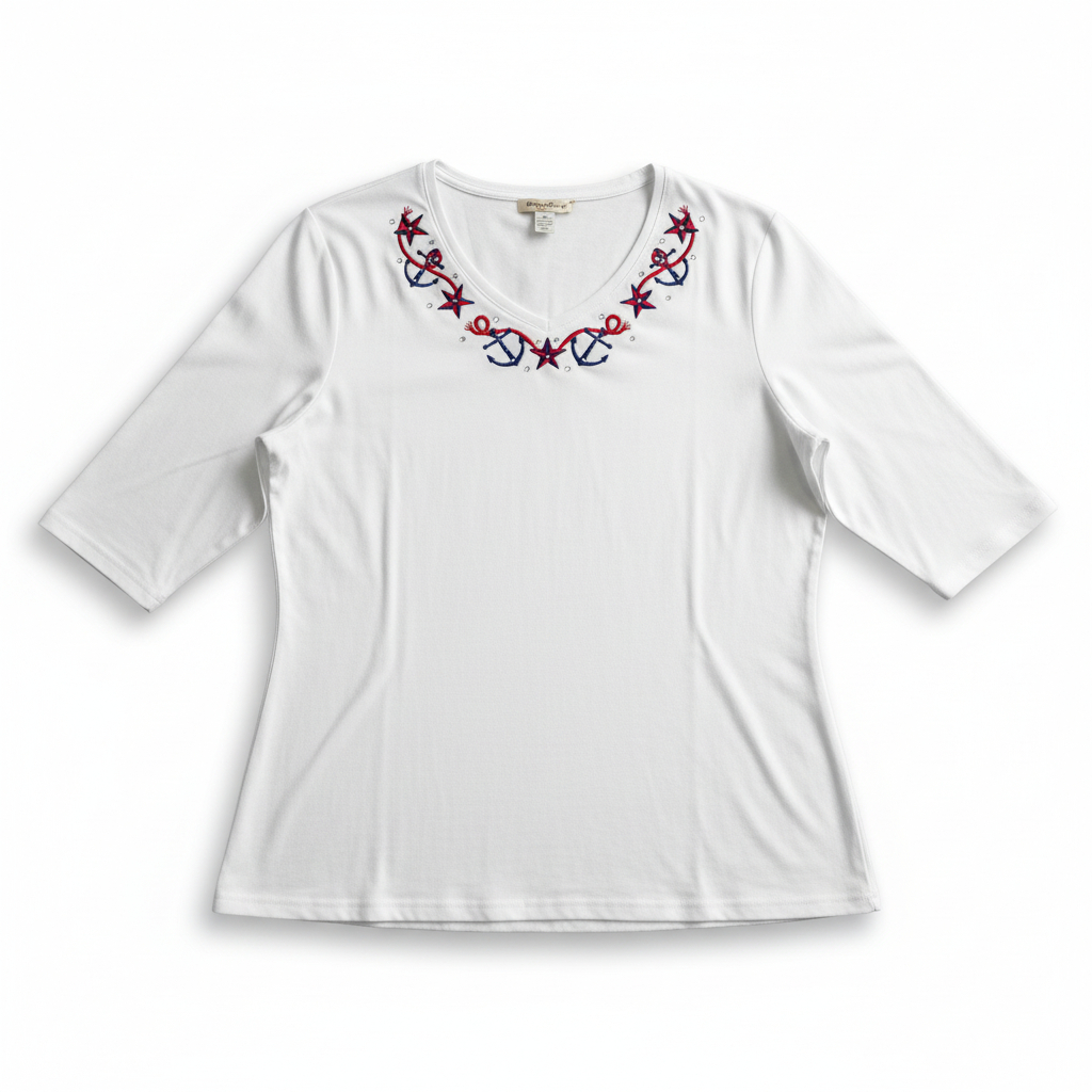 Women’s Nautical Anchor Embellished Top by Decorated Originals Patriotic Coastal Style