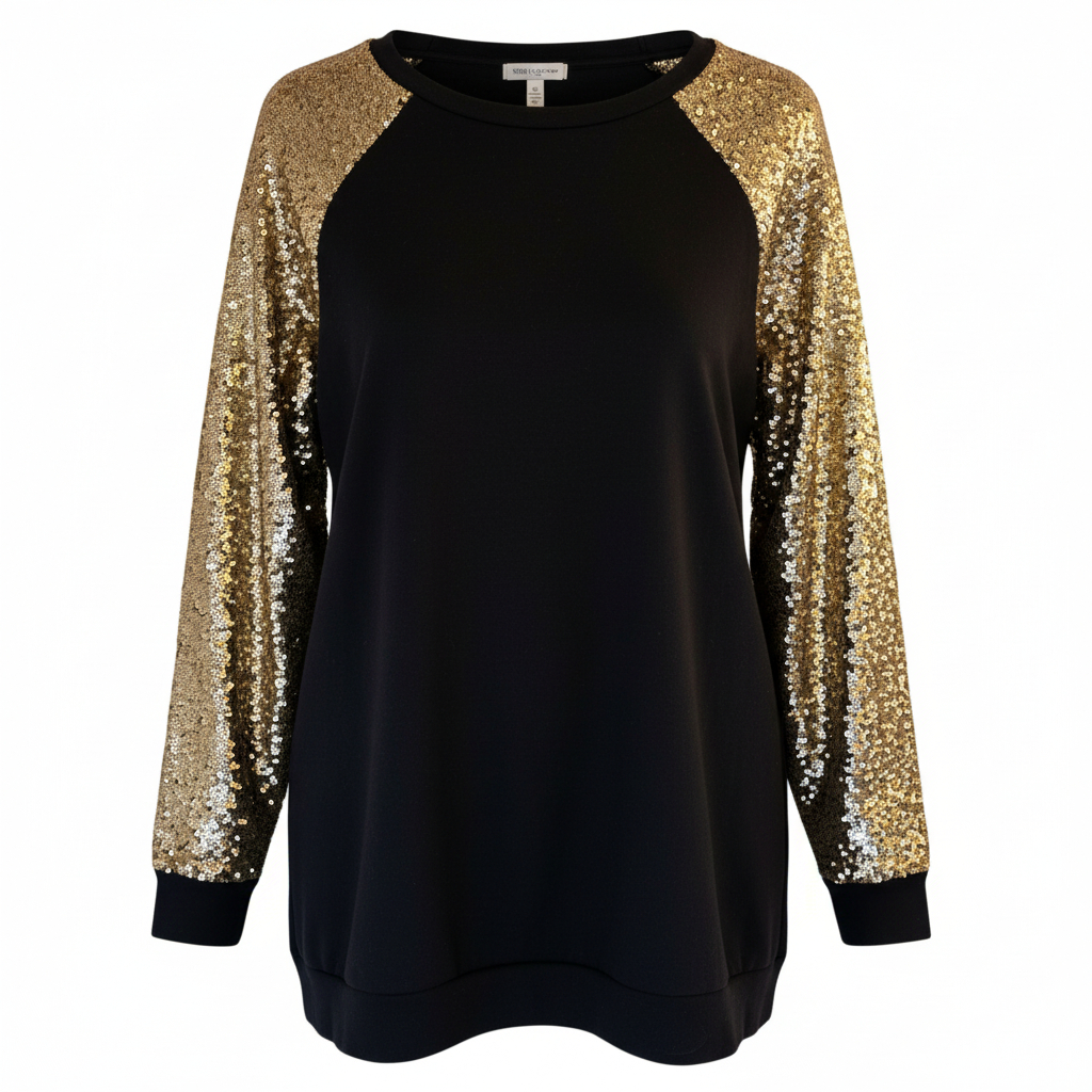 Women’s Sequin Sleeve Tunic Top by Now N Forever Black and Gold Dressy Casual Statement Style