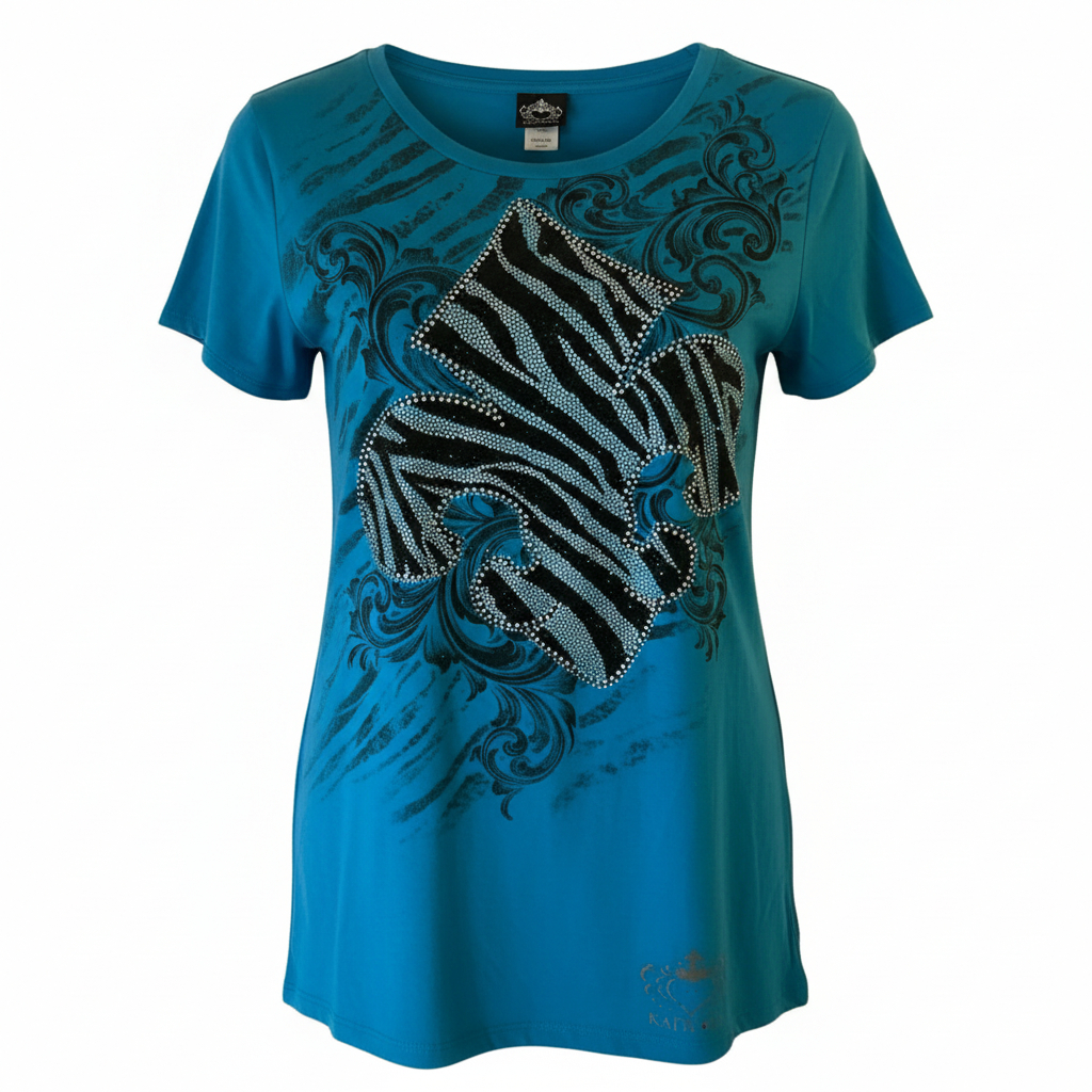 Women’s Katydid Zebra Cross Graphic Bling Tee Western Style Rhinestone Casual Shirt