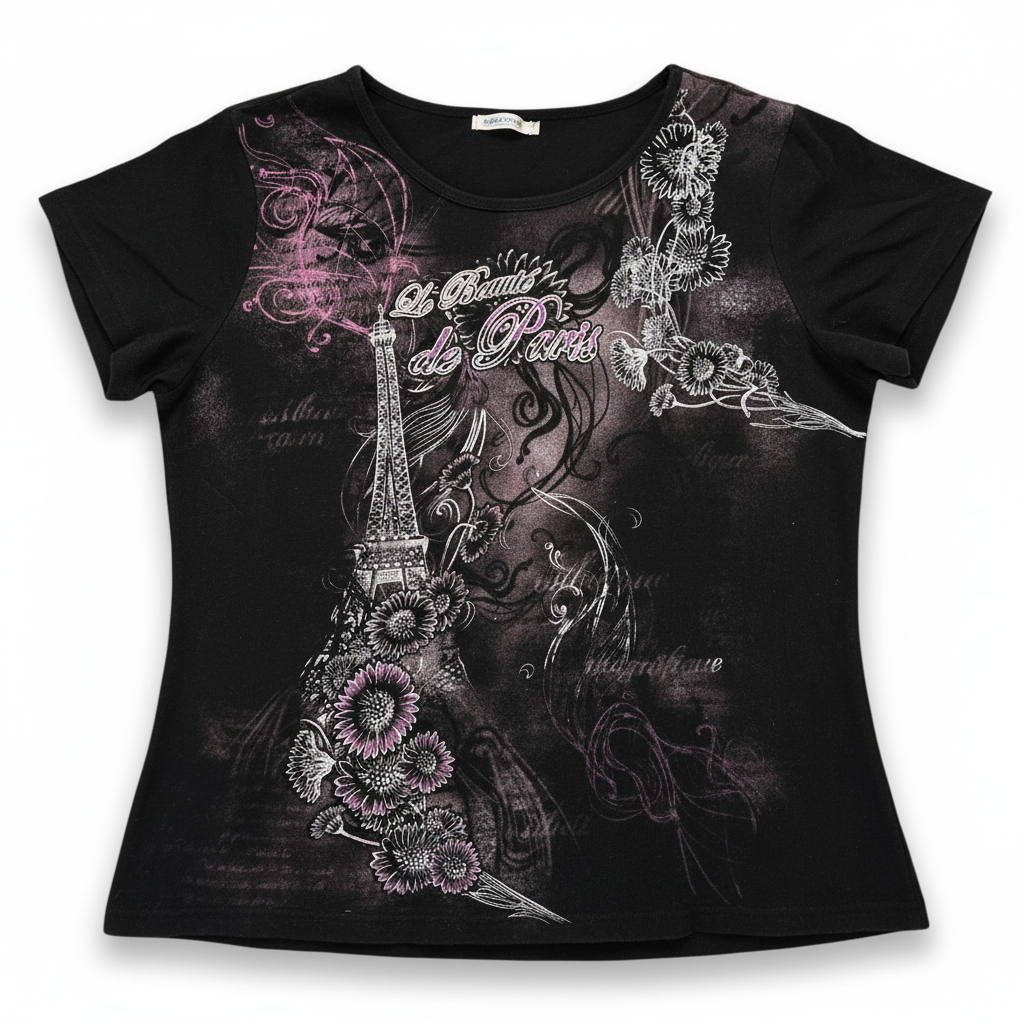 Women’s Susan Lawrence Woman Paris Eiffel Tower Graphic Tee Floral Script Casual Top