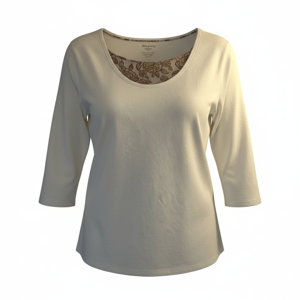 Women’s Lace Detail Top by White Stag 3 4 Sleeve Scoop Neck Casual Stretch Blouse