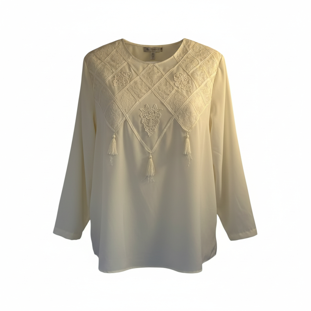Women’s Embroidered Tassel Accent Blouse by Sonia Rykiel for San Andre Boho Style Top