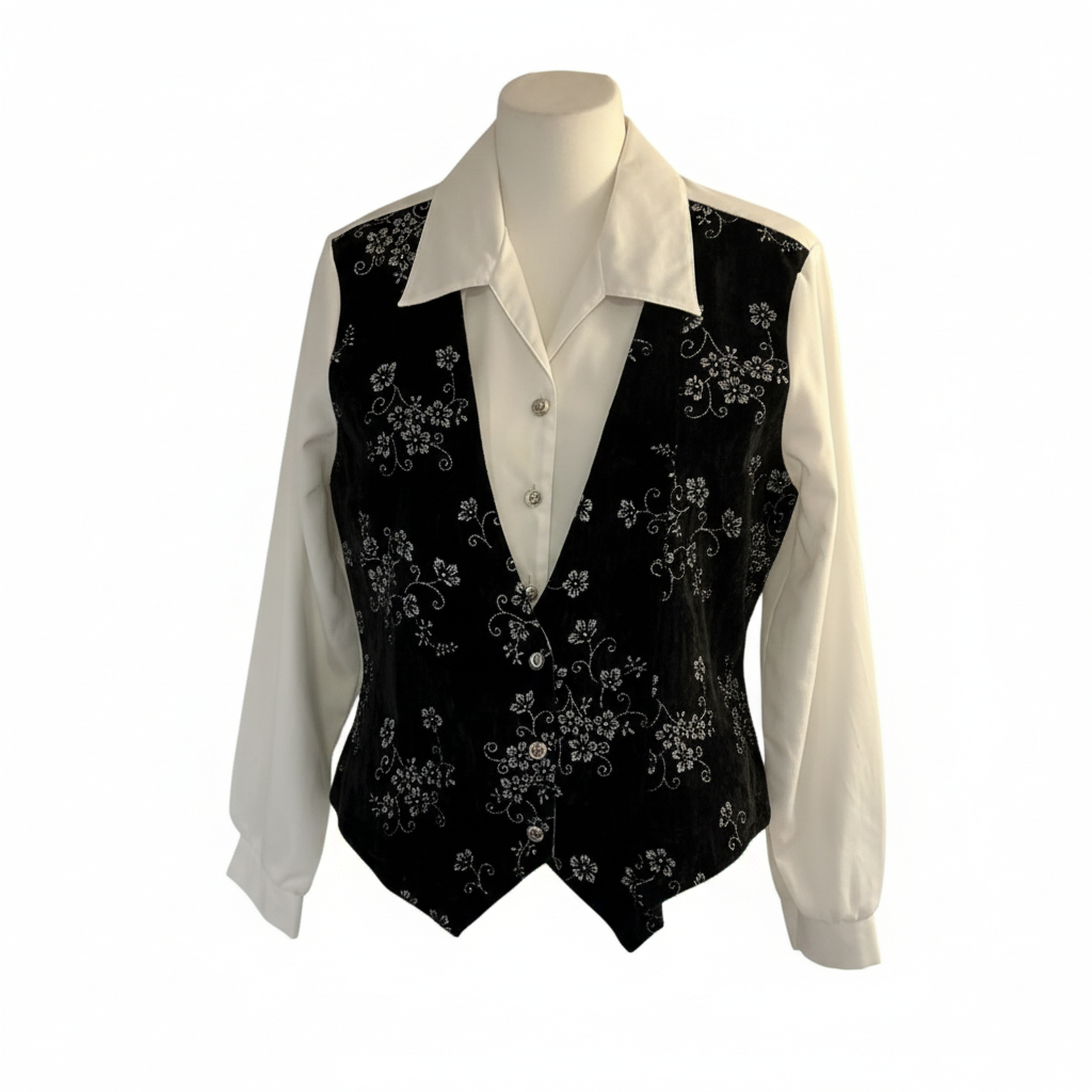 Women’s Layered Blouse with Floral Vest Overlay Dressy Button Front Top