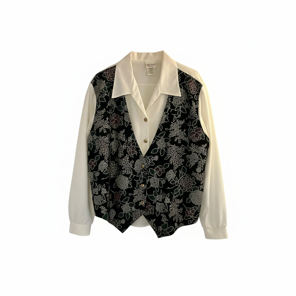 Women’s Layered Floral Vest Style Blouse Dressy Button Front Top