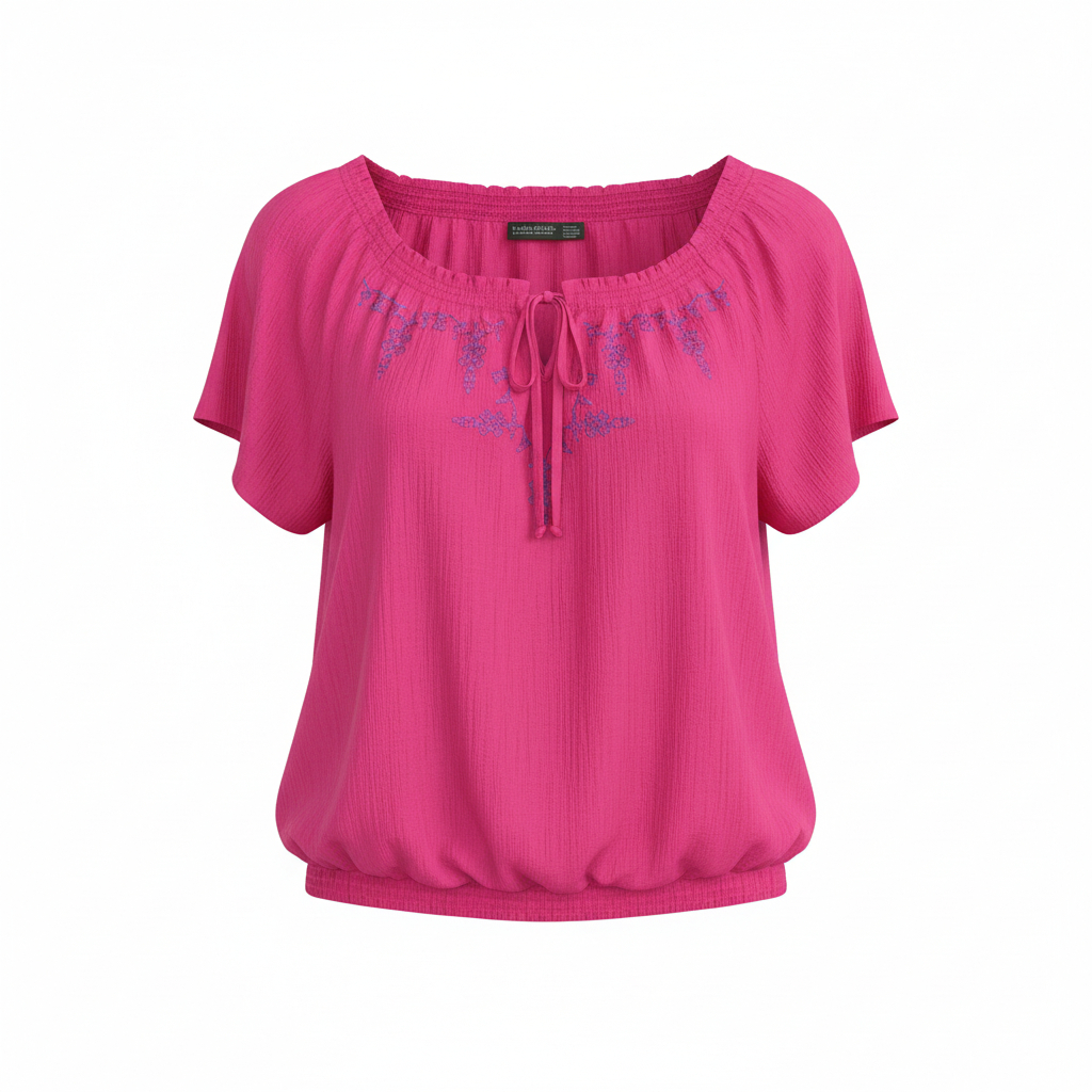 Women’s Embroidered Peasant Style Top by Faded Glory Short Sleeve Casual Blouse
