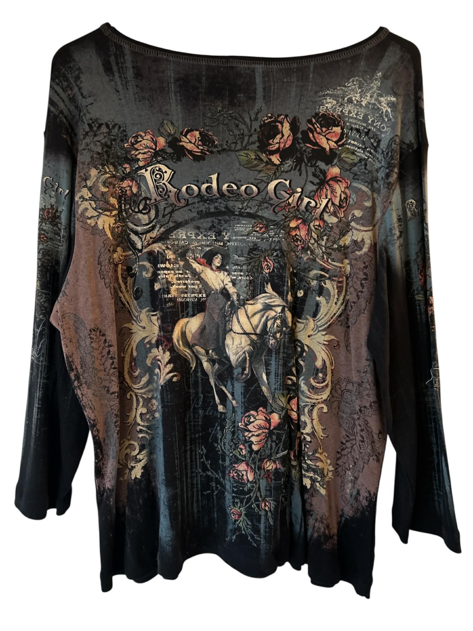 Women’s Western Graphic Top by Cactus Rodeo Girl Long Sleeve Horse Rider Print Shirt