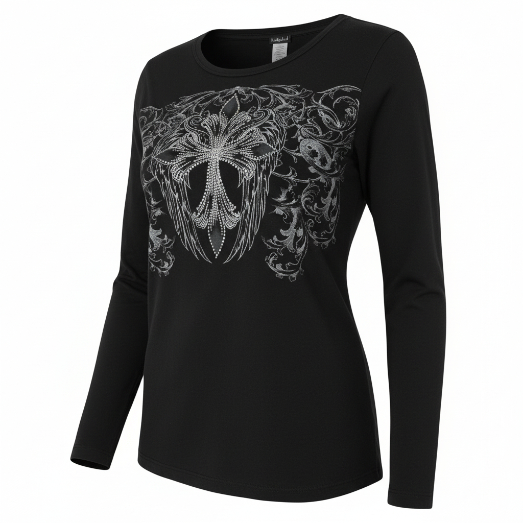 Women’s Graphic Cross Top by Katydid Long Sleeve Western Rhinestone Style Shirt