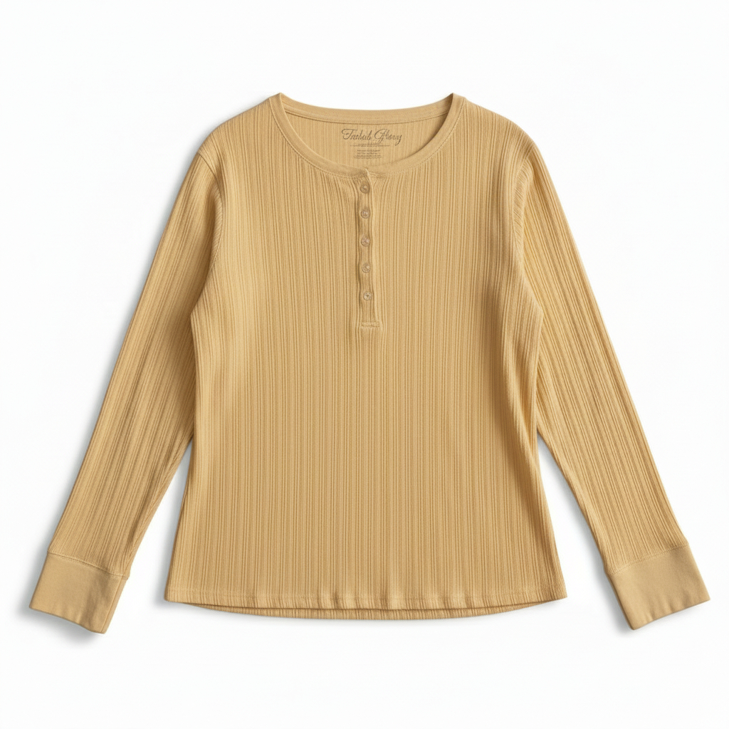Women’s Ribbed Henley Stretch Top by Faded Glory Long Sleeve Casual Everyday Shirt