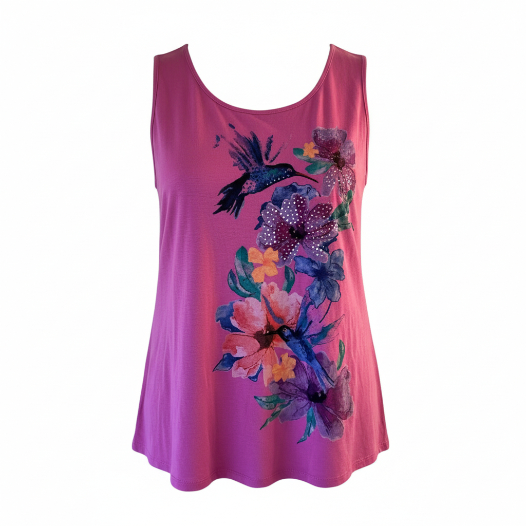 Women’s Floral Hummingbird Tank Top by White Stag Rhinestone Accent Sleeveless Casual Top