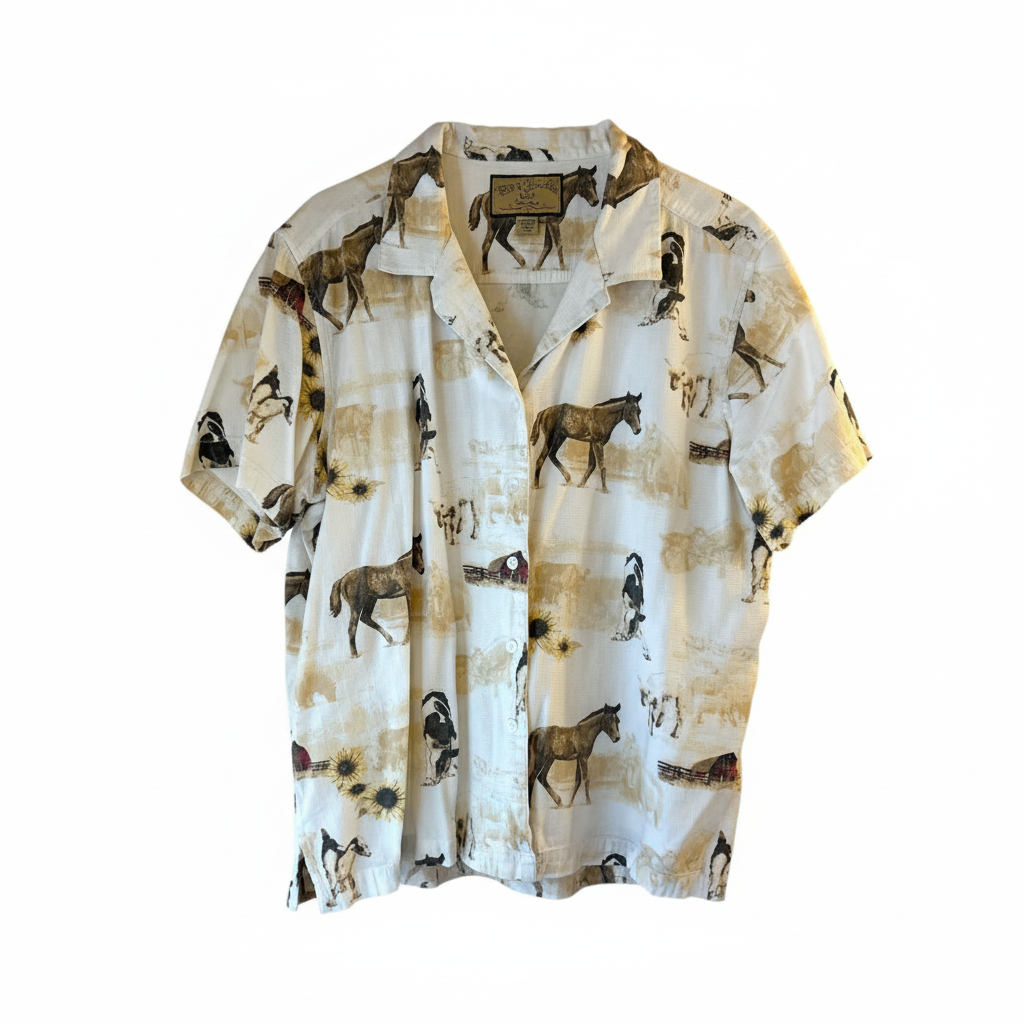 Women’s Western Horse Print Button Front Shirt by Bit and Bridle Short Sleeve Casual Blouse
