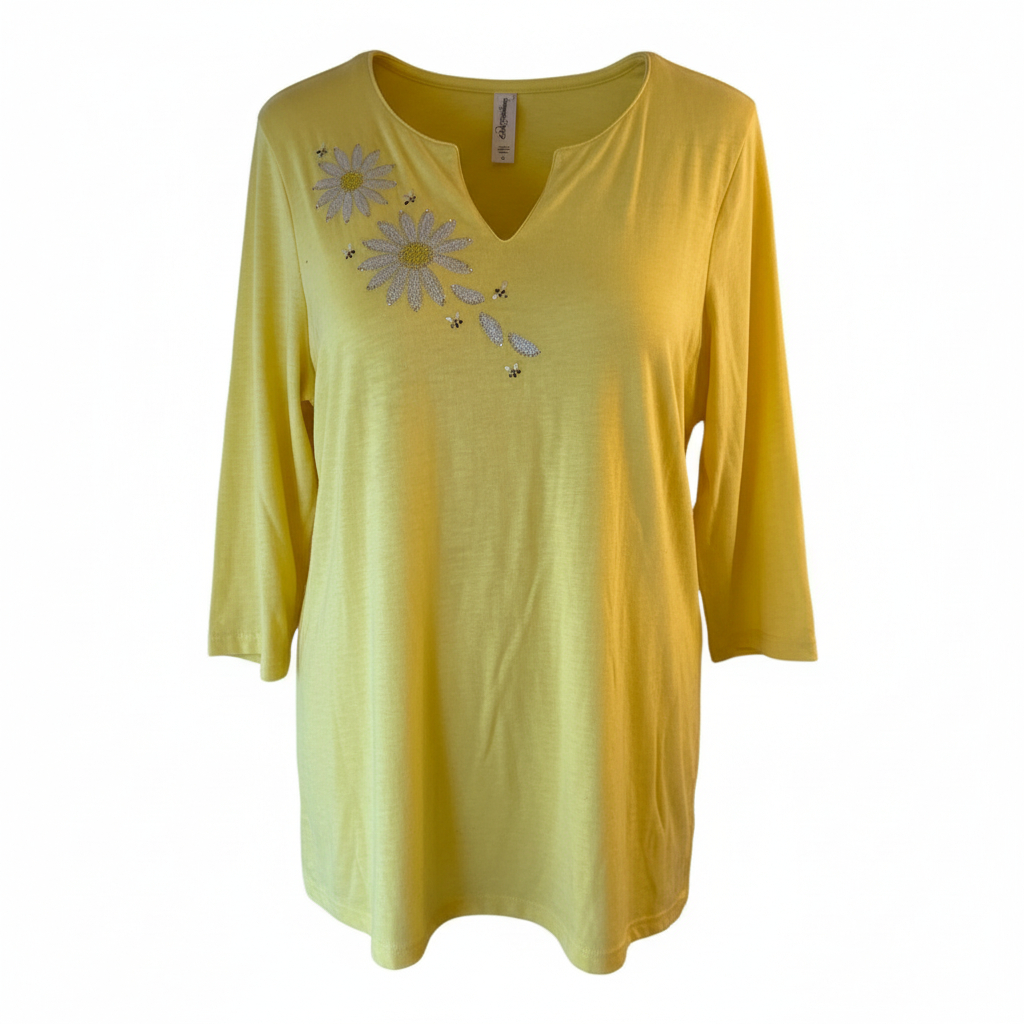Women’s Embellished Daisy Top by Decorated Originals Rhinestone Floral 3 4 Sleeve Casual Blouse