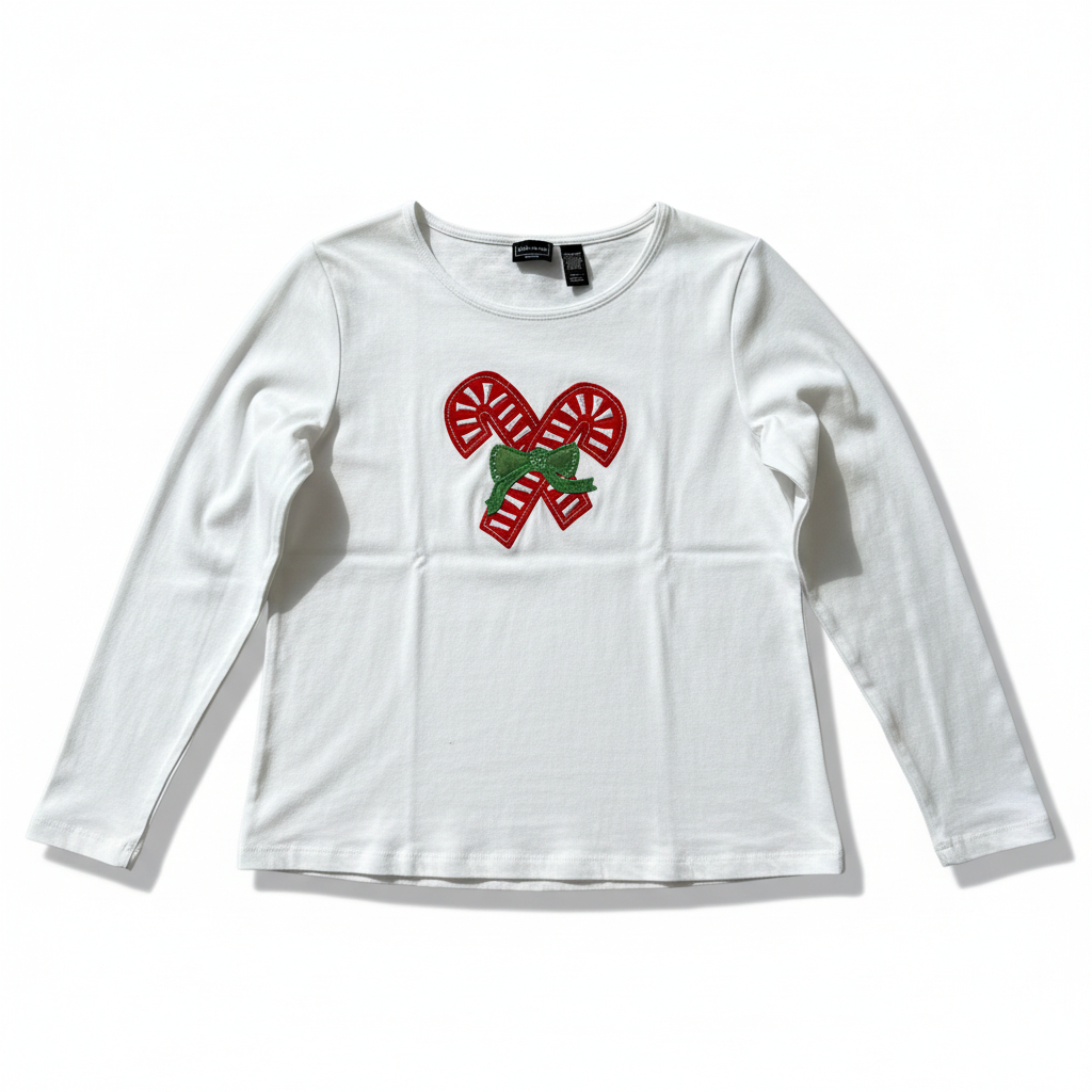 Women’s Christmas Top by Bobbie Brooks Peppermint Candy Cane Bow Holiday Long Sleeve Tee