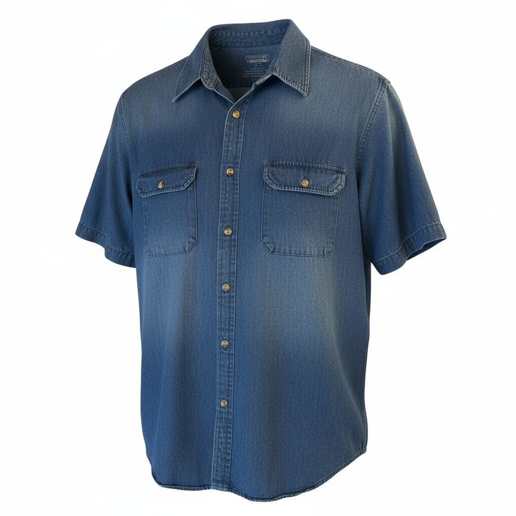 Men’s Denim Style Button Up Shirt by Premier International Short Sleeve Western Casual Shirt Dual Pocket