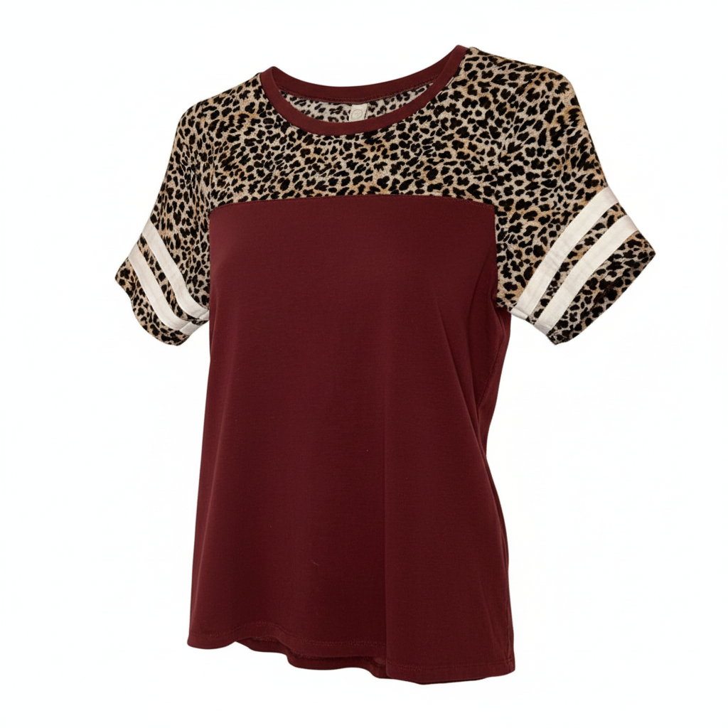 Women’s Leopard Print Colorblock Tee by Sunshine and Rodeos Short Sleeve Western Style Top