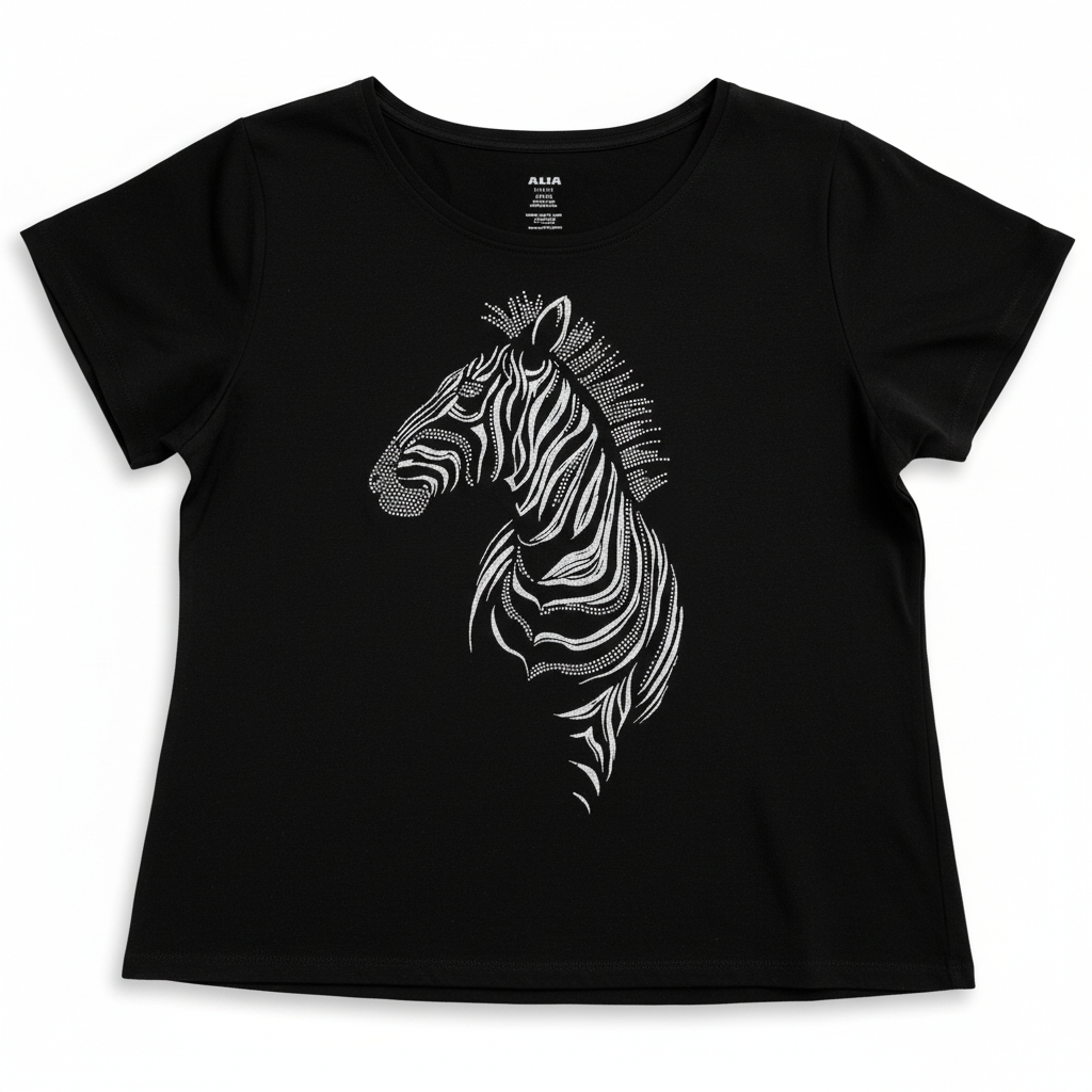 Women’s Rhinestone Zebra Graphic Tee by Alia Short Sleeve Casual Animal Print Top Petite Xl