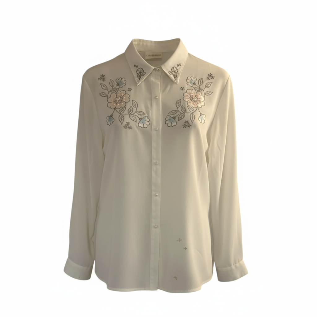 Women’s Embroidered Button Front Blouse by Christie and Jill Floral Detail Long Sleeve Dressy Top