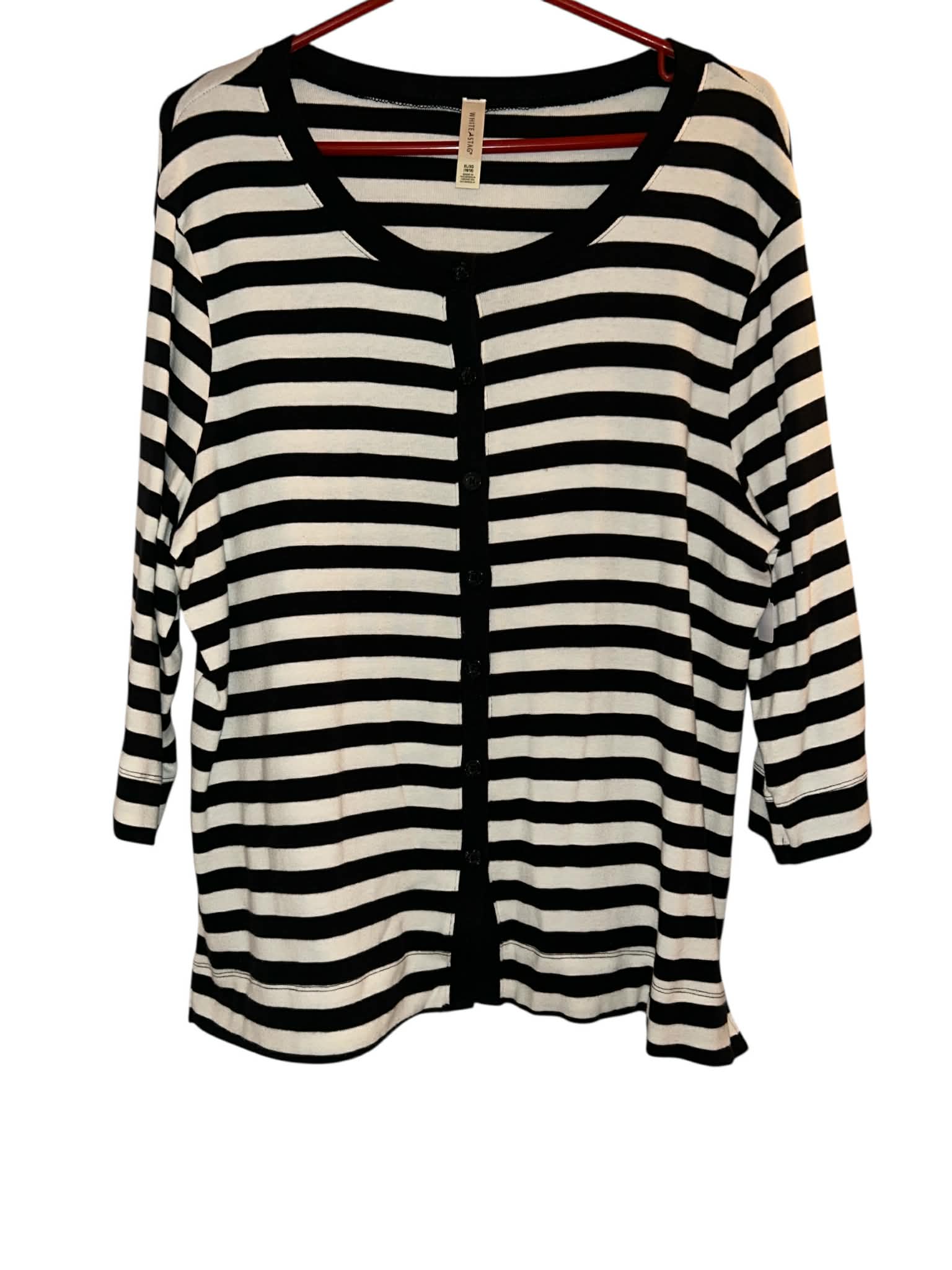 Women’s Button Front Cardigan by White Stag Black and Cream Striped Lightweight Layering Top
