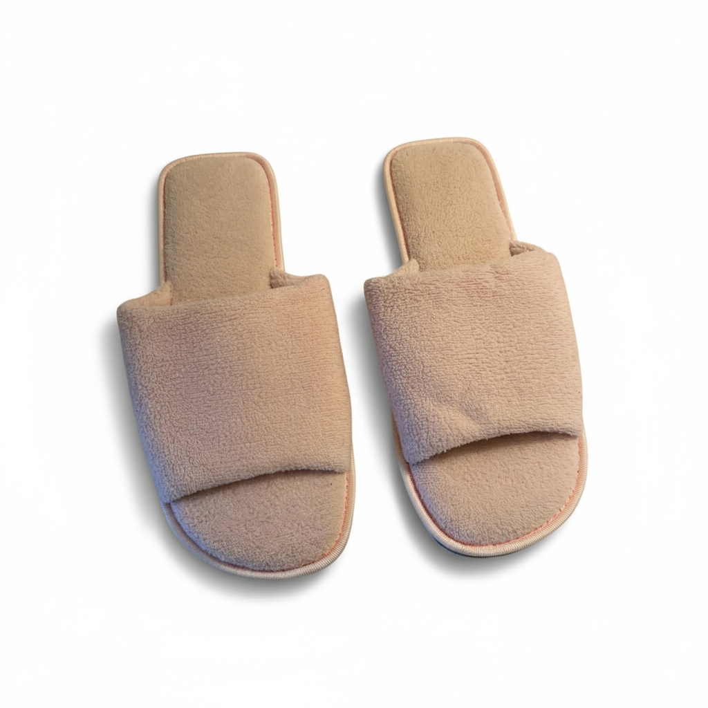 Women’s Terry Cloth Slide Slippers Beige Open Toe Comfort House Shoes Size 11 12