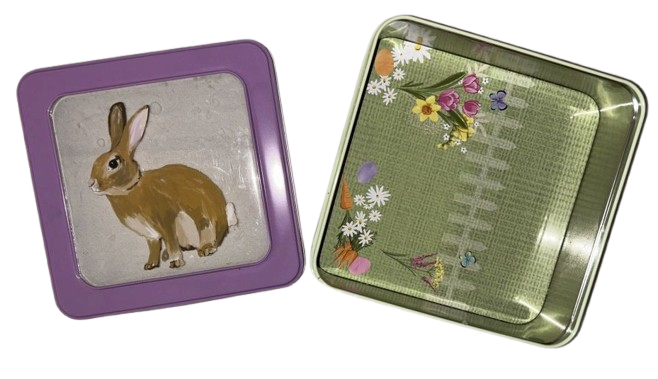 Vintage Bunny & Floral Tin Box Set - Size 7"X7"