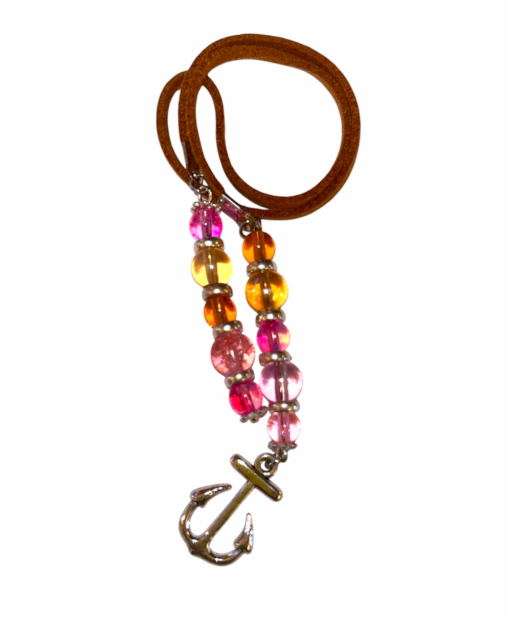 Leather Cord Bookmark with Glass Beads & Anchor Charm