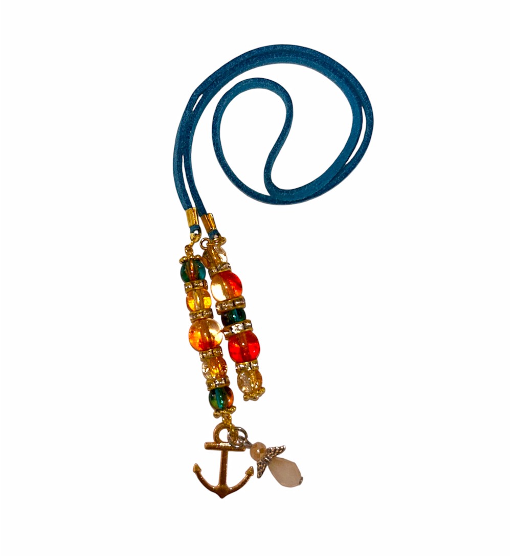 Leather Cord Bookmark with Glass Beads and Anchor Charm