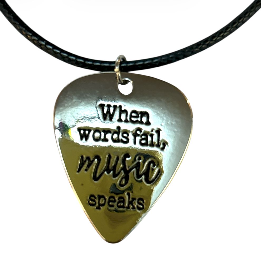 8.5" - Silver Tone Guitar Pick Necklace - Inscription Design