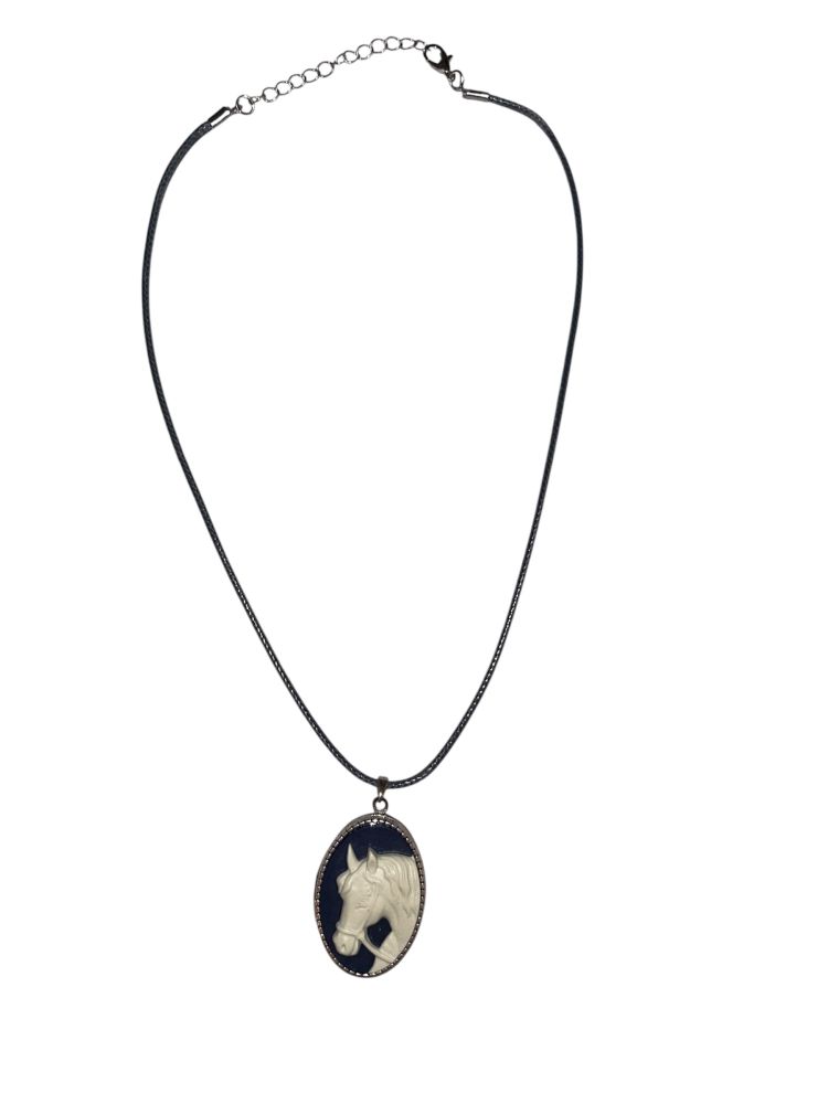 11" - Silver Tone Horse Cameo Locket Necklace
