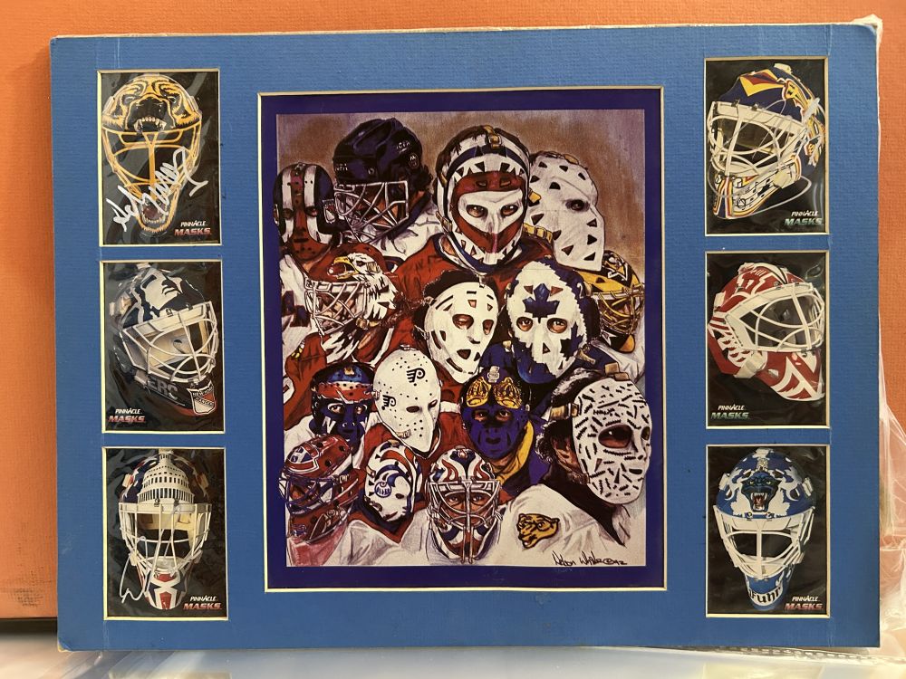 Hockey Goalie Masks Poster 16x12 VG w/ Signed Cards Matted