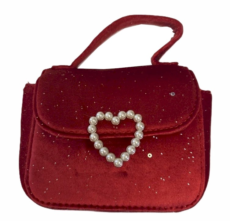 Girl's Red Velvet Purse with Pearl Heart Accent