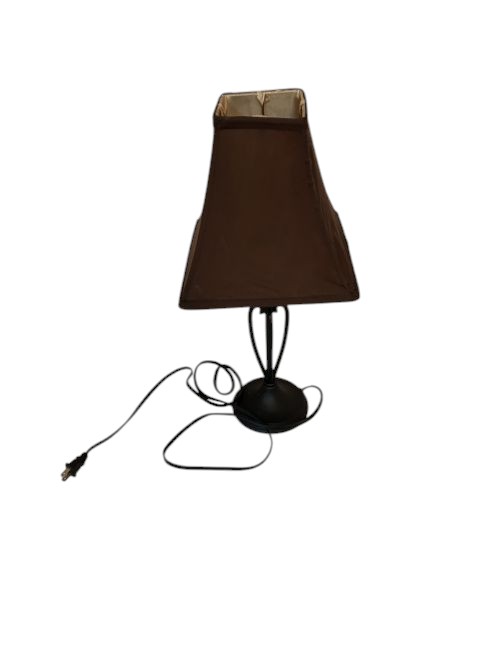 Small brown metal desk lamp with shade