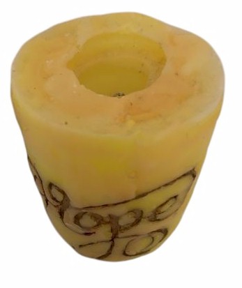 Decorative pillar candle – yellow with scroll design