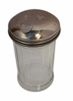 Glass sugar dispenser with flip-top metal lid